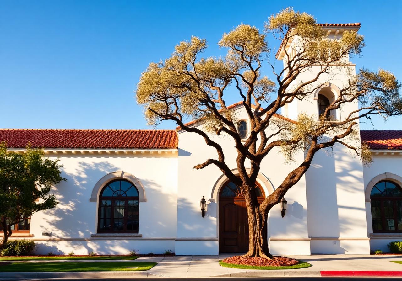 California Mediterranean civic building with oak tree