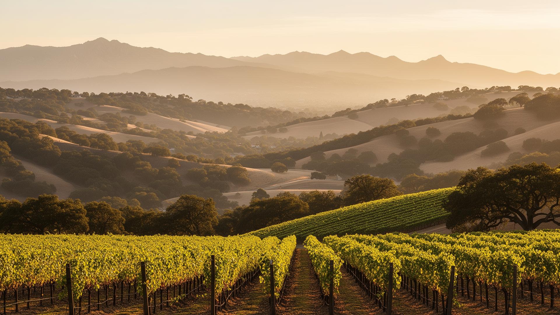 Golden-hour view of oak-covered hills and vineyards above Morgan Hill, California