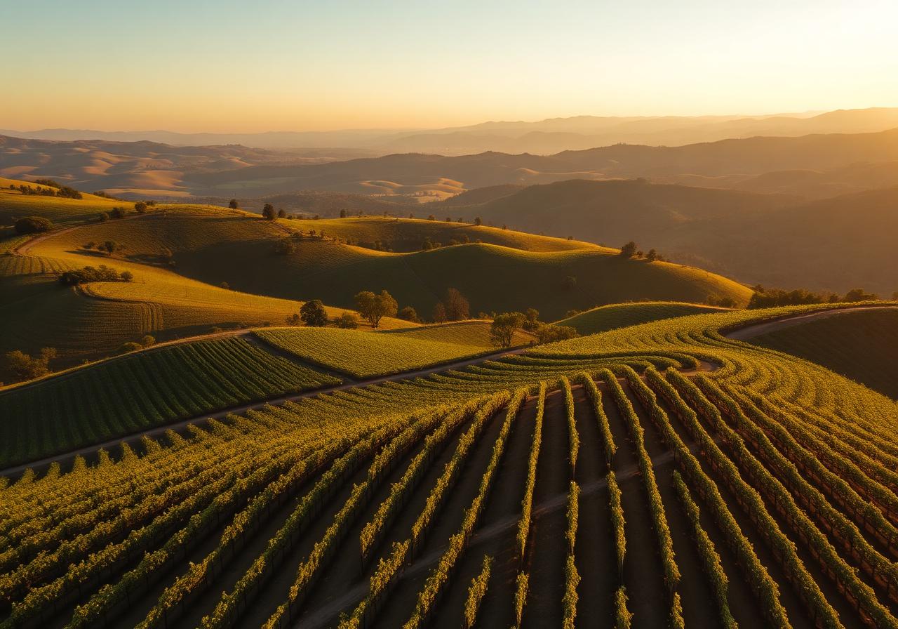Aerial of vineyards and oak hills near Morgan Hill